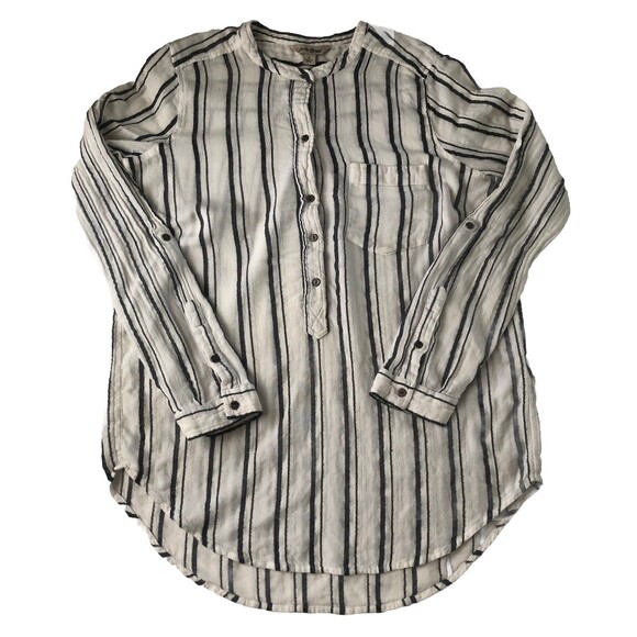 Lucky Brand Womens Top Shirt White Black Striped Roll Tab Sleeve Pocket Small - Picture 2 of 16